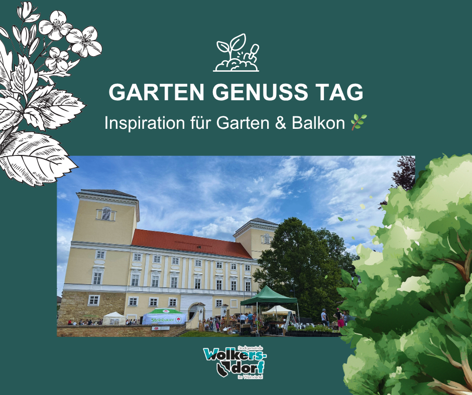 Plakat für Gartengenuss-Tag, zeigt ein großes Gebäude mit rotem Dach und Gartenzelten, Menschen gehen herum.