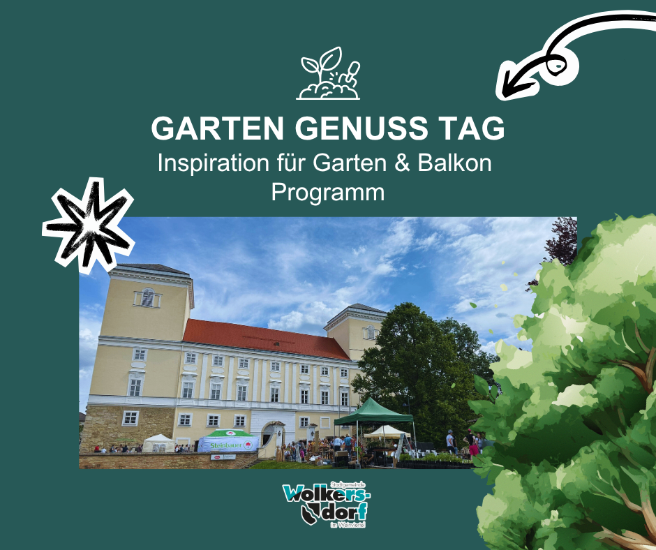 Plakat für den Gartengenusstag mit einem Gebäude, Bäumen und einem grünen Zelt davor. Das Plakat hebt Inspiration für Garten und Balkon hervor.