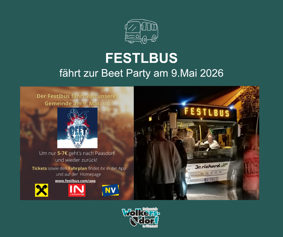 Plakat für Festlbus, ein Gemeinschaftstransport zur Beet Party am 9. Mai 2026, für 5-7€. Tickets und den Fahrplan finden Sie in der App und auf der Homepage. Der Bus fährt und Menschen steigen ein.