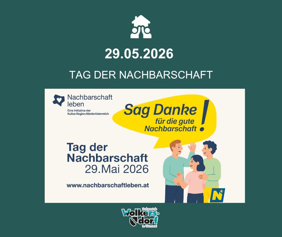 Poster for the neighborhood day on May 29, 2026, featuring an illustration of a family, with a thank you message for good neighborhood, and a website link.