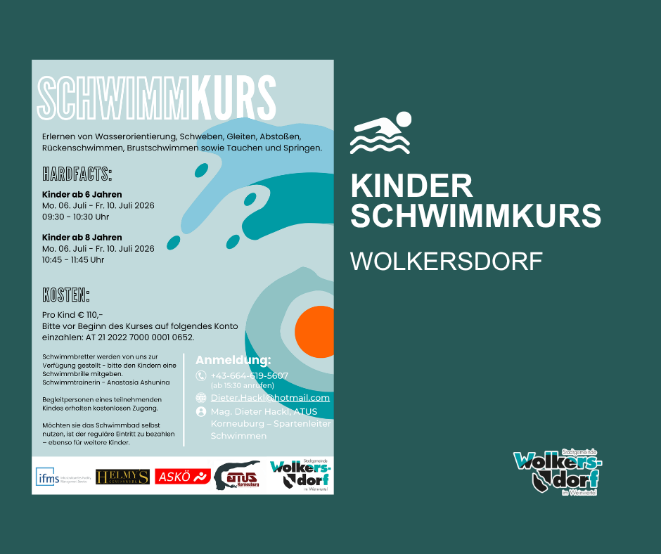 A flyer advertising a children's swimming course at the Volksdorf. Dates and times are listed for children 6-8 and 8+. The flyer includes a contact phone number and email address.