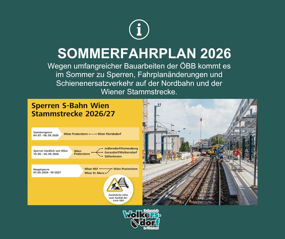 An informational poster about the Summer Rail Plan 2026, detailing track closures, changes in train routes, and alternative railway services on the Nordbahn and the Wiener Stammstrecke. It includes dates for closures and additional information.