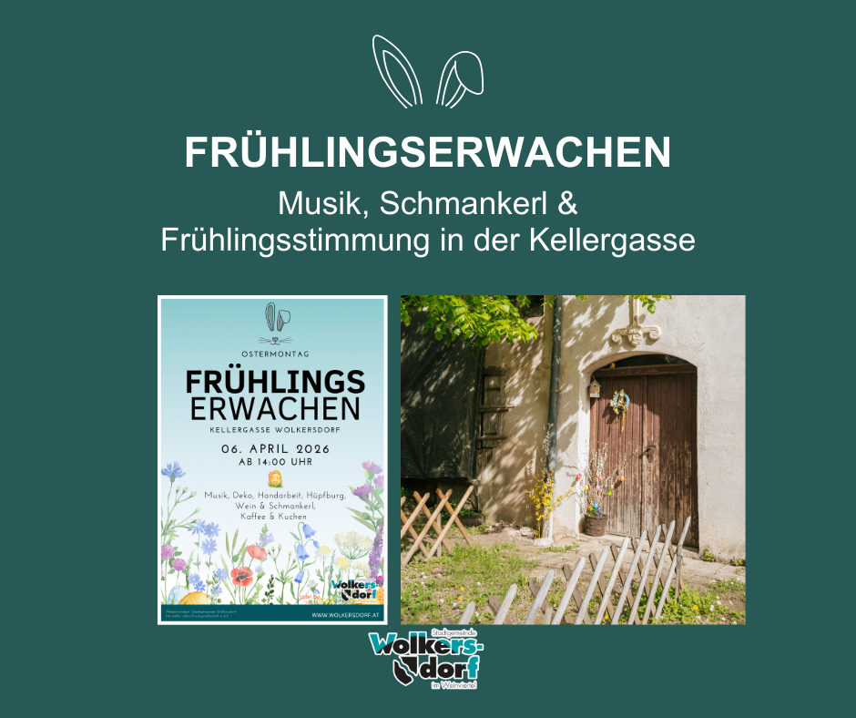 Plakat für eine Frühlingsveranstaltung in Kellergasse mit Musik, Snacks und Frühlingsstimmung. Es zeigt ein Haus mit einer Holztür und einem Garten.