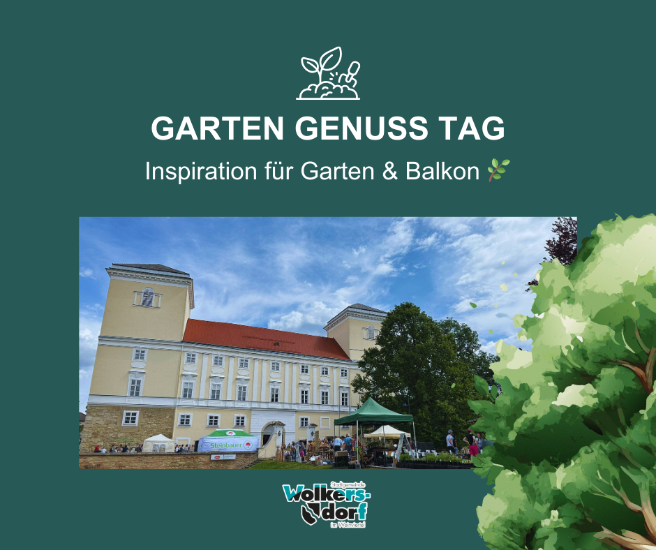 A poster for the 'Garden Enjoyment Day' featuring an image of a large building with a red roof and many windows, a tent in front, and people walking around.
