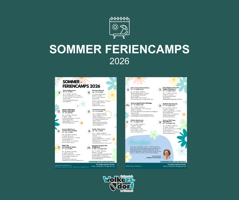 The image shows a promotional poster for summer vacation camps in 2026. It includes details about different camp programs, their dates, and activities. The poster features a green background with the title 'SUMMER FERIENCAMPS 2026'. There are three sections of text providing information about various camps, including names, dates, and brief descriptions.
