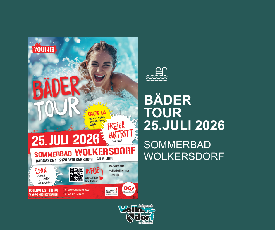 Plakat für die Young 4k Bader Tour mit einer schwimmenden und lächelnden Frau. Das Plakat zeigt den Termin 25. Juli 2026 und erwähnt freien Eintritt für die ersten 100 Gäste.