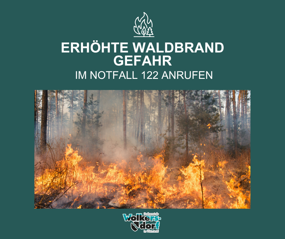Ein Waldbrand mit Flammen und Rauch im Hintergrund. Der Text lautet 'Erhohte Waldbrand Gefahr' und 'IM NOTFALL 122 ANRUFN'. Das Bild hat einen Wasserzeichen mit dem Text 'Walkers-Dor'.