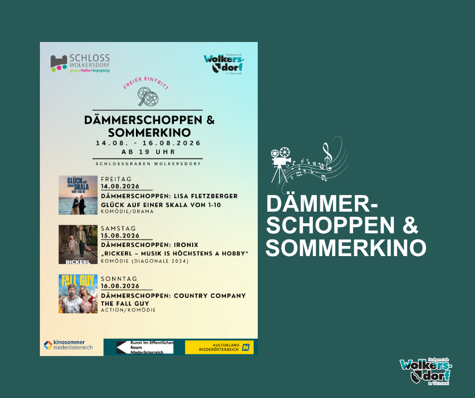Ein Plakat für ein Filmfestival in Schlossgraben mit drei Filmen: 'Lisa Fletzberger' am Freitag, 'Ironix Rickerl' am Samstag und 'Country Company' am Sonntag. Jeder Film hat eine kurze Beschreibung und ein Datum.
