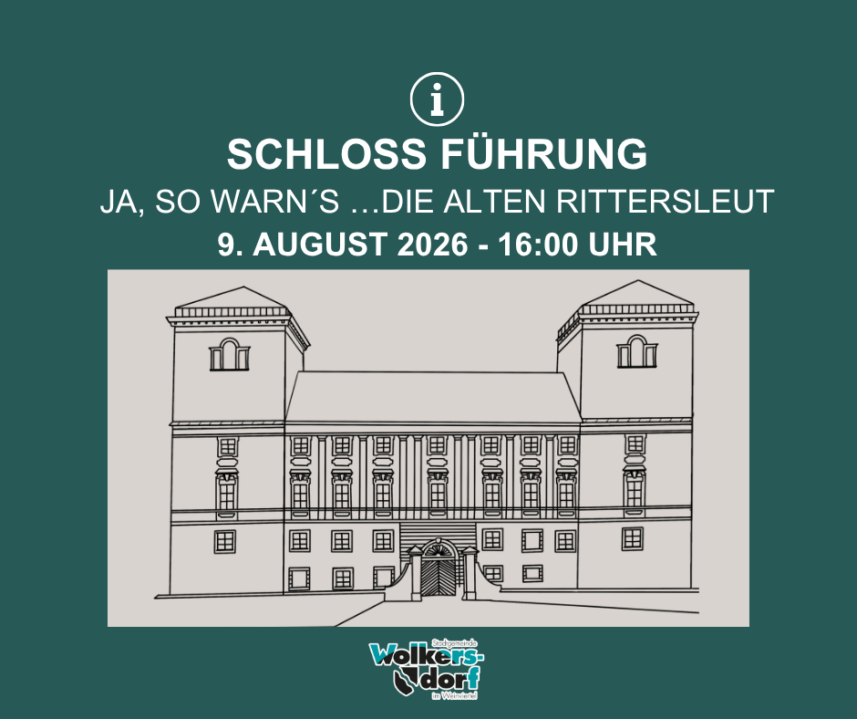 Plakat für eine Führung durch ein altes Schloss, geplant für den 9. August 2026 um 16:00 Uhr. Das Plakat zeigt eine Strichzeichnung des Schlosses mit grünem Hintergrund.