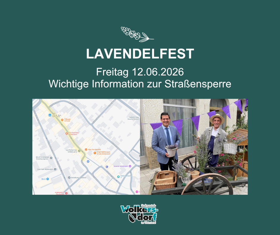 Das Bild zeigt ein Plakat für das Lavendelfest, das am Freitag, den 12. Juni 2026 stattfindet. Das Plakat enthält eine Karte mit einer Straßensperrungshinweis und zwei Männer mit Lavendelkörben.