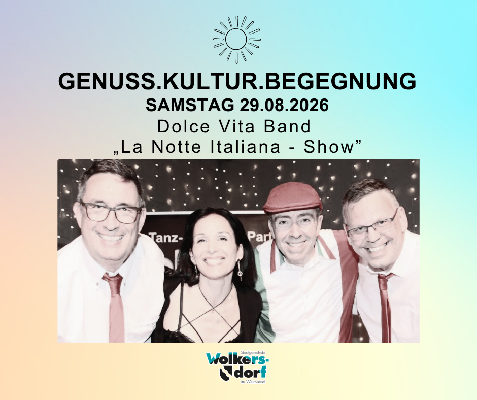 Plakat für Dolce Vita Bands 'La Notte Italiana - Show' am 29. August 2026. Vier lächelnde Personen, zwei Männer und zwei Frauen, in formeller Kleidung. Die Männer tragen Krawatten und Hüte.