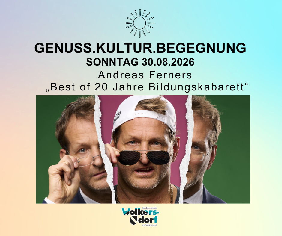 Plakat für eine Veranstaltung mit Andreas Ferner, mit einer Collage seiner Gesichter, die verschiedene Brillen tragen. Datum: 30. August 2026.