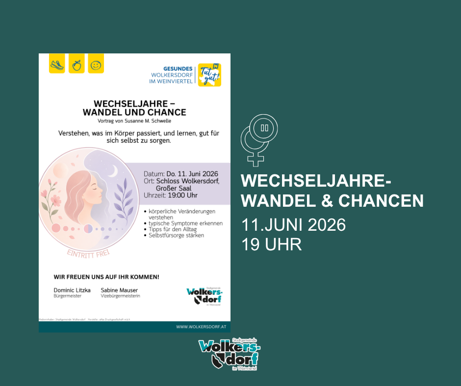 Plakat für eine kostenlose Veranstaltung am 11. Juni 2026 mit dem Titel 'Wechseljahre - Wandel und Chance'. Es zeigt eine Frauensilhouette, Datum, Ort und Uhrzeit. Es behandelt das Verständnis körperlicher Veränderungen und das Erlernen der Selbstfürsorge.