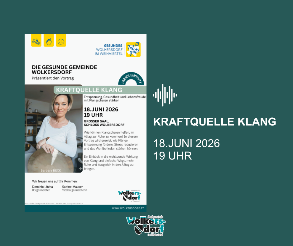 Ein Werbeplakat für eine Klangschalen-Veranstaltung in Volksdorf, Hamburg. Die Veranstaltung trägt den Titel 'Kraftquelle Klang' und zeigt eine Frau, die ein Gong hält. Der Termin ist der 18. Juni 2026 um 19:00 Uhr. Die Veranstaltung wird von Barbara Beck präsentiert.