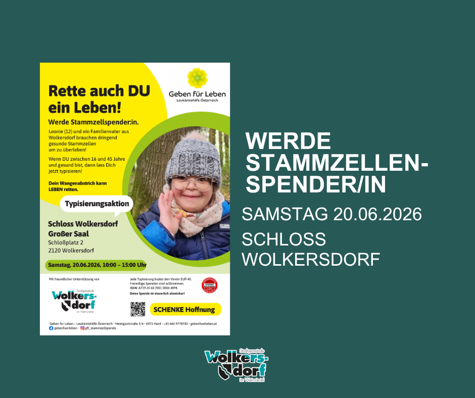 Werbeplakat für die Veranstaltung Stammzellen Spender/in im Schloss Volkersdorf. Details umfassen Datum, Uhrzeit und Ort. Eine Frau in Wintermütze ist auf dem Plakat abgebildet.