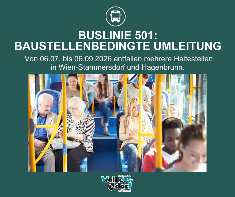 Buslinie 501: Von 06.07. bis 06.09.2026 fallen mehrere Haltestellen in Wien-Stammersdorf und Hagenbrunn aus. Leute sitzen in einem Bus.