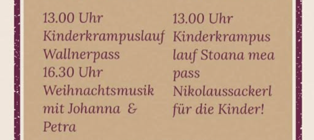 Plakat für den Adventmarkt bei Hoyer am 29. und 30. November. Veranstaltungen sind Kinderkrampuslauf um 13 Uhr, Wallnerpass um 16:30 Uhr und Weihnachtsmusik mit Johanna und Petra. Heiße Getränke und viele weihnachtliche Stände.