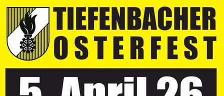 Plakat für Osterfest mit Musik von Mellenstein, Veranstaltung am 26. April in der Erzherzog-Johann-Halle in Tiefenbach. Eintritt 6 Euro, Abendkarten 8 Euro, Clubmitglieder 5 Euro. Logos von Heil & Schafzahl, Hochwasser, Wasser, Sonnenschutz, Howeso und KGL Leasing sind abgebildet.