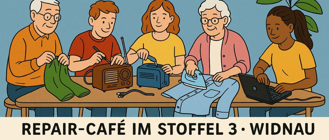 Eine Werbung für Flickstub, ein monatliches Ereignis zum Reparieren von Gegenständen. Vier Personen arbeiten an einem Gegenstand mit Laptop, Radio, Bügeleisen und Kleidung.