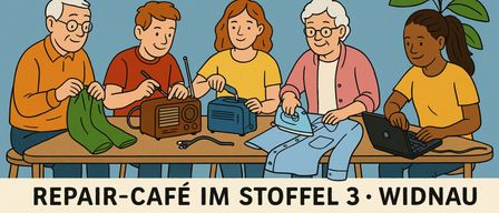An advertisement for Flickstub, a monthly event for repairing items. Four people are working on an item with a laptop, radio, iron, and clothes.