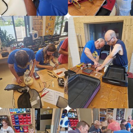 Collage von Erwachsenen und Kindern, die in einer Werkstatt an elektronischen Projekten arbeiten. Ein Bild zeigt Leute beim Löten, ein anderes zeigt eine Gruppe, die Geräte untersucht.