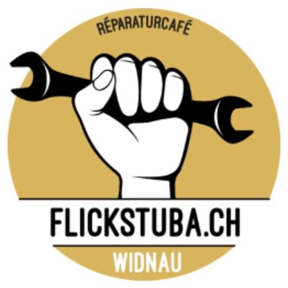 The logo for Flickstuba.ch features a hand holding a wrench with the words Reparaturcafe at the top. Below it is the text Flickstuba.ch and Widnau in bold.