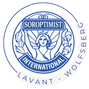 Ein rundes Emblem mit dem Text 'Soroptimist International Lavant - Wolfsberg' und einem Bild einer Frau, die einen Lorbeerkranz und einen Olivenzweig hält.