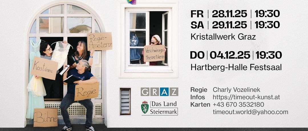 Plakat für eine Theaterproduktion mit mehreren Personen in Fenstern mit Schildern. Der Text lautet 'Gefangen in der Echokammer' und 'Eine Theaterproduktion von TimeOut'. Termine und Zeiten für kommende Aufführungen sind aufgelistet.