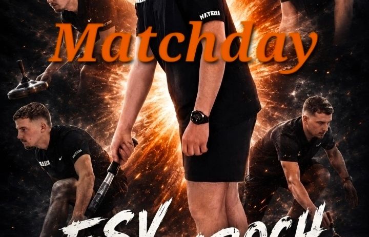 Ein Poster mit mehreren Athleten in schwarzen Uniformen. Sie führen verschiedene Übungen mit Gewichten und Hämmern durch, vor einem dynamischen Hintergrund.