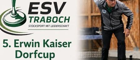 Plakat für den 5. Erwin Kaiser Dorfcup, zeigt einen Mann, der eine Scheibe in einer Sporthalle wirft. Das Plakat enthält Details zum Veranstaltungsdatum, Ort und Teilnahmebedingungen.