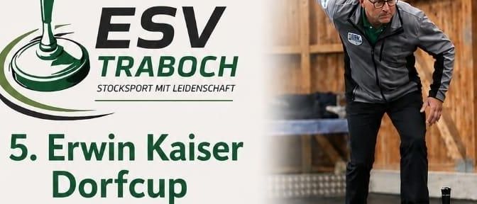Plakat für den 5. Erwin Kaiser Dorfcup, zeigt einen Mann, der eine Scheibe in einer Sporthalle wirft. Das Plakat enthält Details zum Veranstaltungsdatum, Ort und Teilnahmebedingungen.