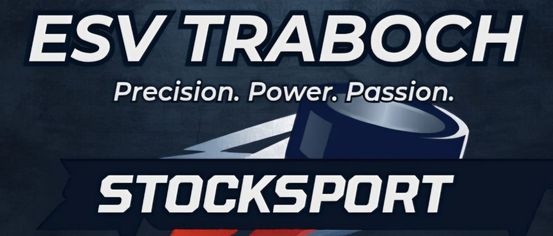 Das Logo von ESV Traboch's STOCKSPORT zeigt einen fetten, weißen Text mit 'Präzision. Kraft. Leidenschaft.' darunter. Das Emblem beinhaltet ein stilisiertes Logo auf einem blauen und schwarzen Hintergrund.