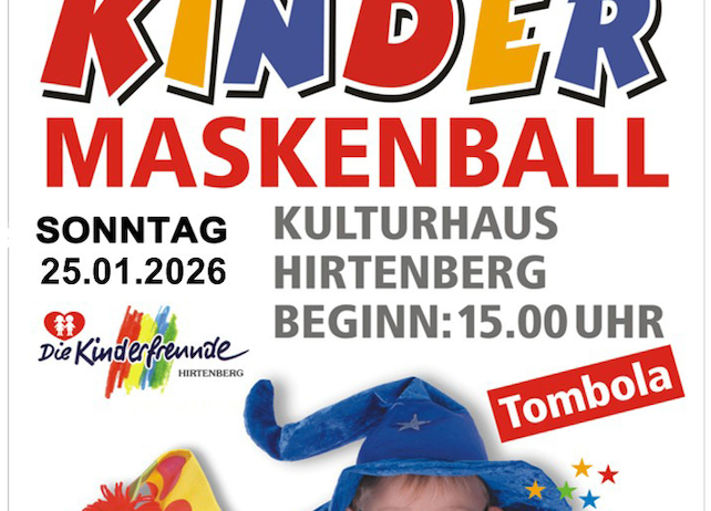 Plakat für Kinder Maskenball-Veranstaltung im Kulturhaus Hirtenberg am 25.01.2026, Beginn um 15 Uhr. Zeigt ein Kind in einem blauen Hut und Sternen.