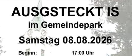 Plakat für eine Gemeinschaftsveranstaltung in Hirtenberg, mit Essen, einer Kirche und Veranstaltungsdetails für den 8. August 2026.