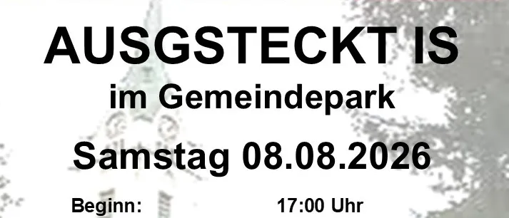Plakat für eine Gemeinschaftsveranstaltung in Hirtenberg, mit Essen, einer Kirche und Veranstaltungsdetails für den 8. August 2026.