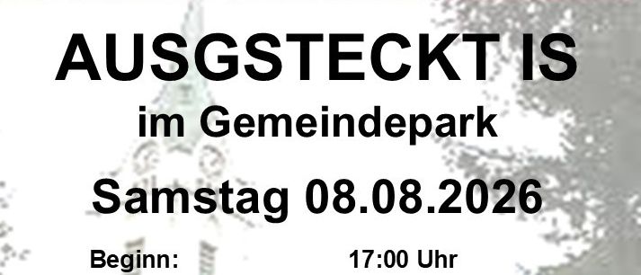 Plakat für eine Gemeinschaftsveranstaltung in Hirtenberg, mit Essen, einer Kirche und Veranstaltungsdetails für den 8. August 2026.