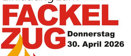 Plakat für Fackelzug-Veranstaltung, Mittelschule Hirtenberg, Donnerstag, 30. April 2026. Treffpunkt 20:00, Abfahrt 20:15. Fackeln sind am Treffpunkt erhältlich. Organisiert von Musikverein Hirtenberg.