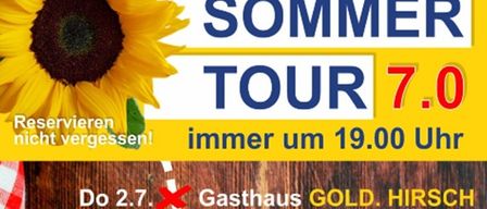 Plakat für die Sommer Tour 7.0. Es zeigt eine Sonnenblume und eine Musiknote. Die Tour beginnt um 19 Uhr. Daten und Orte sind aufgelistet.