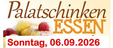 Werbeplakat für die 'Palatschinken Essen' Veranstaltung von SPO Frauen Hirtenberg, geplant für Sonntag, 6. September 2026, mit einem Bild von Dessert.