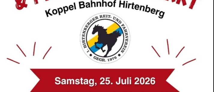 Pferde- und Flohmarkt am Koppel Bahnhof Hirtenberg am 25. Juli 2026. Veranstaltungen umfassen Pferdevorführungen um 10 Uhr und 13 Uhr sowie eine ländliche Meisterschaft. Essen und Getränke verfügbar.