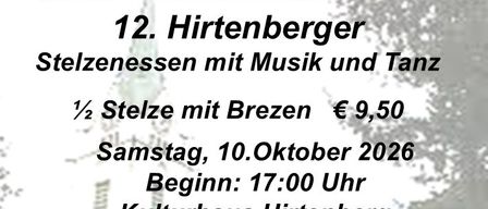 Poster for the 12th Hirtenberger Stilzenessessen event, featuring food, drinks, and a music and dance event on October 10, 2026, starting at 5 PM at Kulturhaus Hirtenberg.