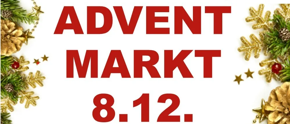 Plakat für den Adventmarkt in Hirtenberg am 8. Dezember. Zeigt eine Pferdekutschenfahrt, ein Bläserquartett und einen Saxophonisten. Veranstaltungszeiten und Details sind aufgeführt.