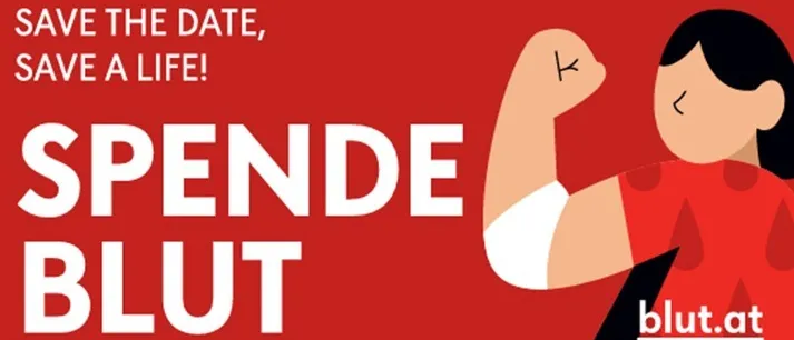 Plakat für Blutspende-Veranstaltung am 19.09.2026 an der Neuen Mittelschule Hirtenberg. Zeiten sind 10:30, 13:00, 14:00 und 17:00. QR-Code für Terminbuchung.