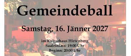 Poster for a community ball on January 16, 2027, at Hirtenberg Kulturhaus. Features a couple dancing, with details about the event, including the start time and activities.