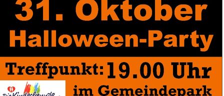 Halloween party poster with a full moon, bats, and a group of children in costumes. The event is at 19:00 in the community park.