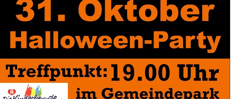 Halloween-Party-Plakat mit Vollmond, Fledermäusen und einer Gruppe von Kindern in Kostümen. Die Veranstaltung ist um 19:00 Uhr im Gemeindepark.
