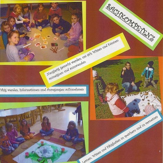 Bilder von Kindern in einem Klassenzimmer, eines mit ihnen am Tisch sitzend und ein anderes mit ihnen draußen spielend.