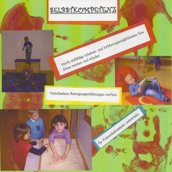 Eine Collage von Kindern, die verschiedene Aktivitäten ausüben, beschriftet mit 'Selbstkompetenz'. Szenen zeigen ein Kind, das steht, ein anderes, das liest, und zwei Kinder, die mit Ton arbeiten. Der Hintergrund ist hell und farbenfroh.