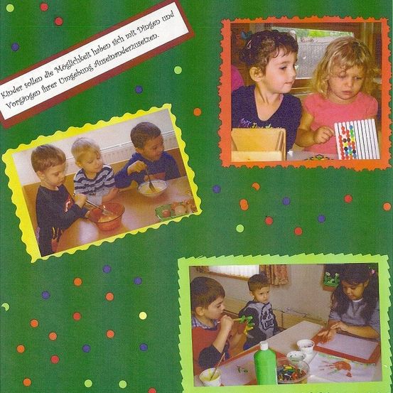 Eine Collage von Kindern, die verschiedene Aktivitäten ausführen. Drei Kinder sitzen mit Schüsseln und Besteck am Tisch, ein weiteres Kind spielt mit einer Holzkiste mit Perlen. Ein Mädchen in Pink und ein Junge in Blau schauen sich an. Ein anderes Bild zeigt ein Kind beim Malen.