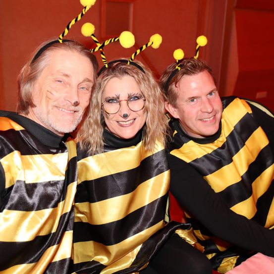 Drei Menschen in Bienenkostümen posieren für ein Foto, tragen Brillen und Stirnbänder mit Bienenhörnern. Der Hintergrund zeigt eine rote Wand und eine Treppe.
